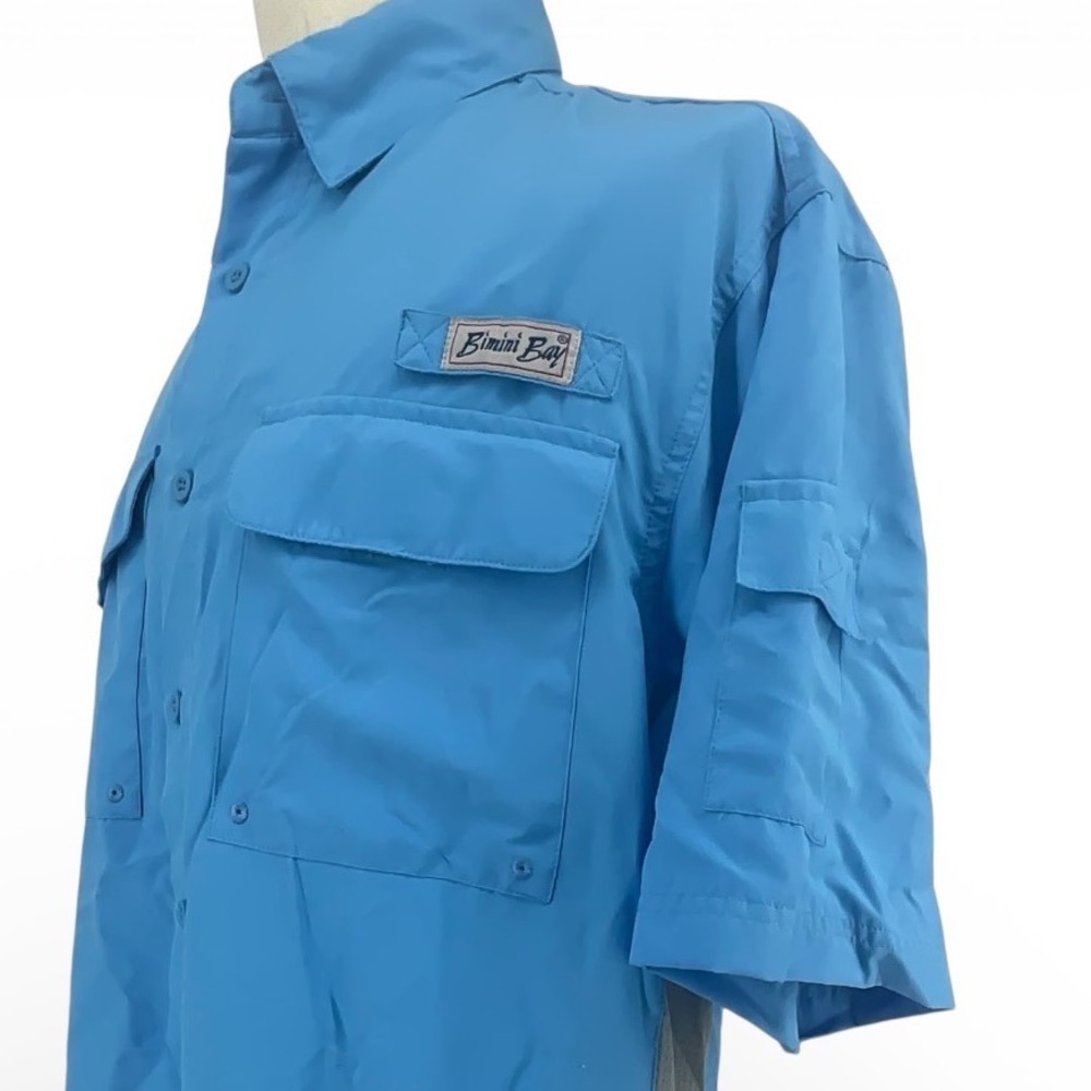 Bimini Bay Mens L Blue Short Sleeve Fishing Shirt Mesh Side Vents Utility Pocket